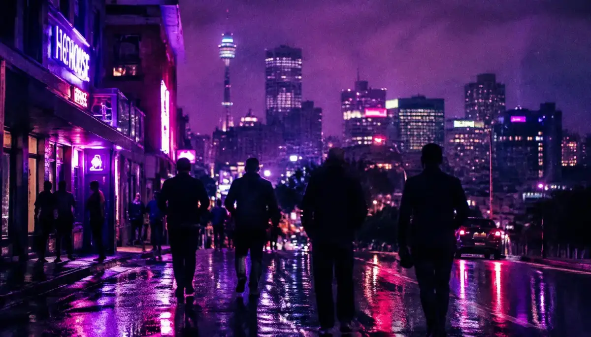 Silhouettes of men walking down a neon-lit city street at night